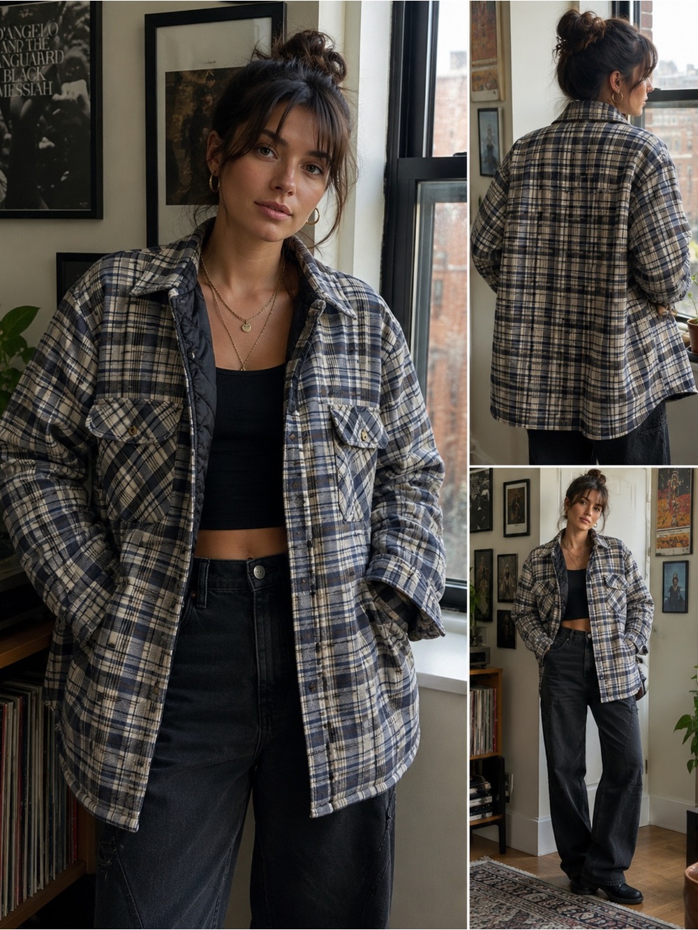 VTG Flannel Plaid Quilted insulated Shacket Jacket - Beige Navy cream